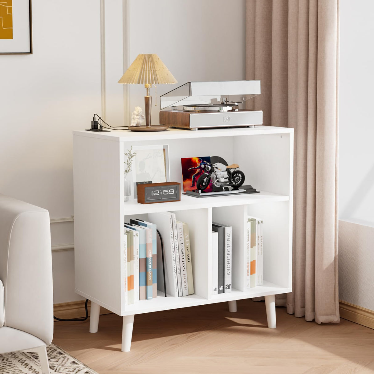 VINGLI Record Player Stand with Open Vinyl Storage, Mid-Century Album Storage Table with LED Light up to 300 Albums, Vinyl Record Player Shelf with Power Outlet for Living Room, White VINGLI