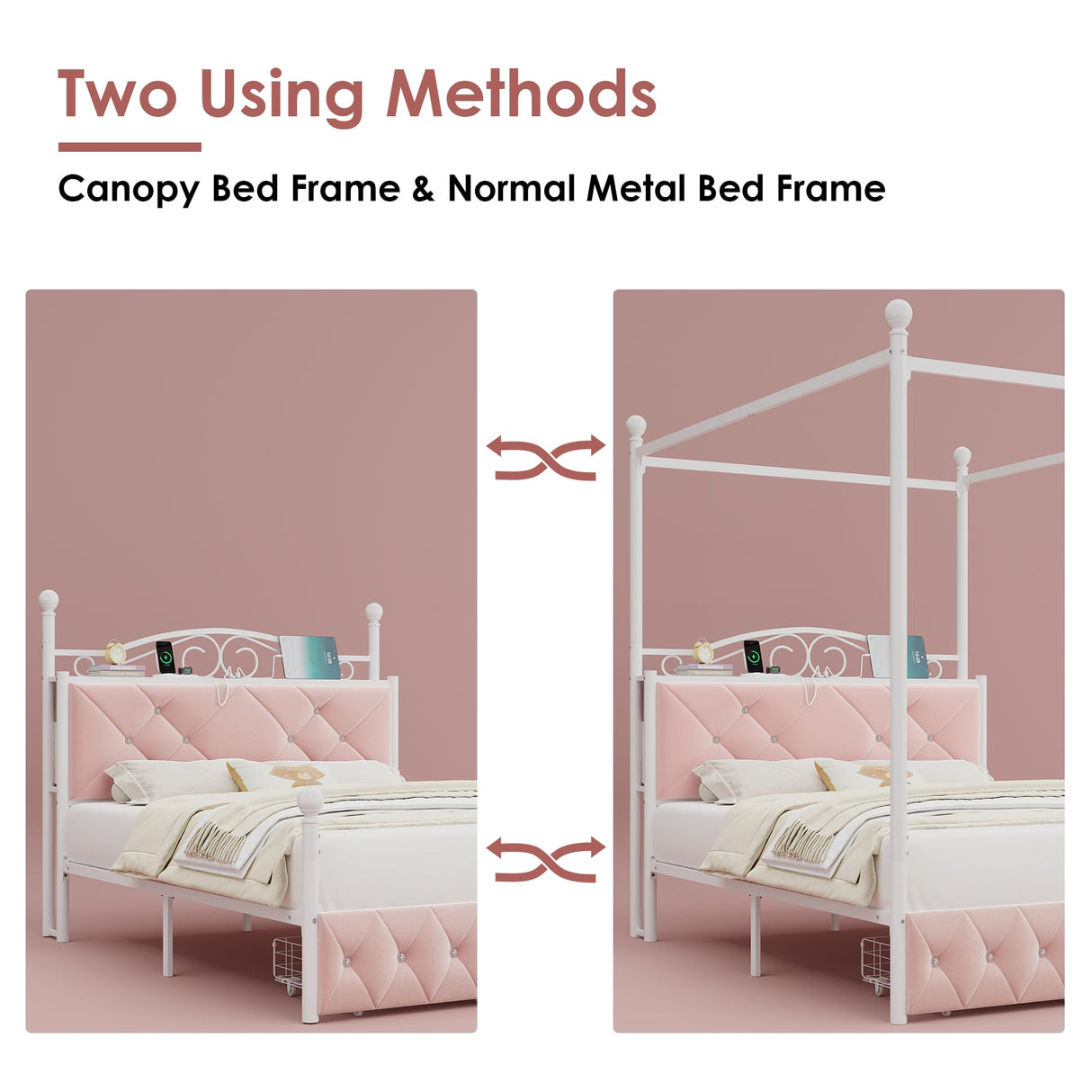 Full Upholstered Canopy Bed Frame with 2 Drawers & Crystal Tufted Storage Headboard Two-Purpose Metal Platform Bed with 4 Removable Posts & Charging Station Pink Princess Bed, Curtain Not Included Keyluv