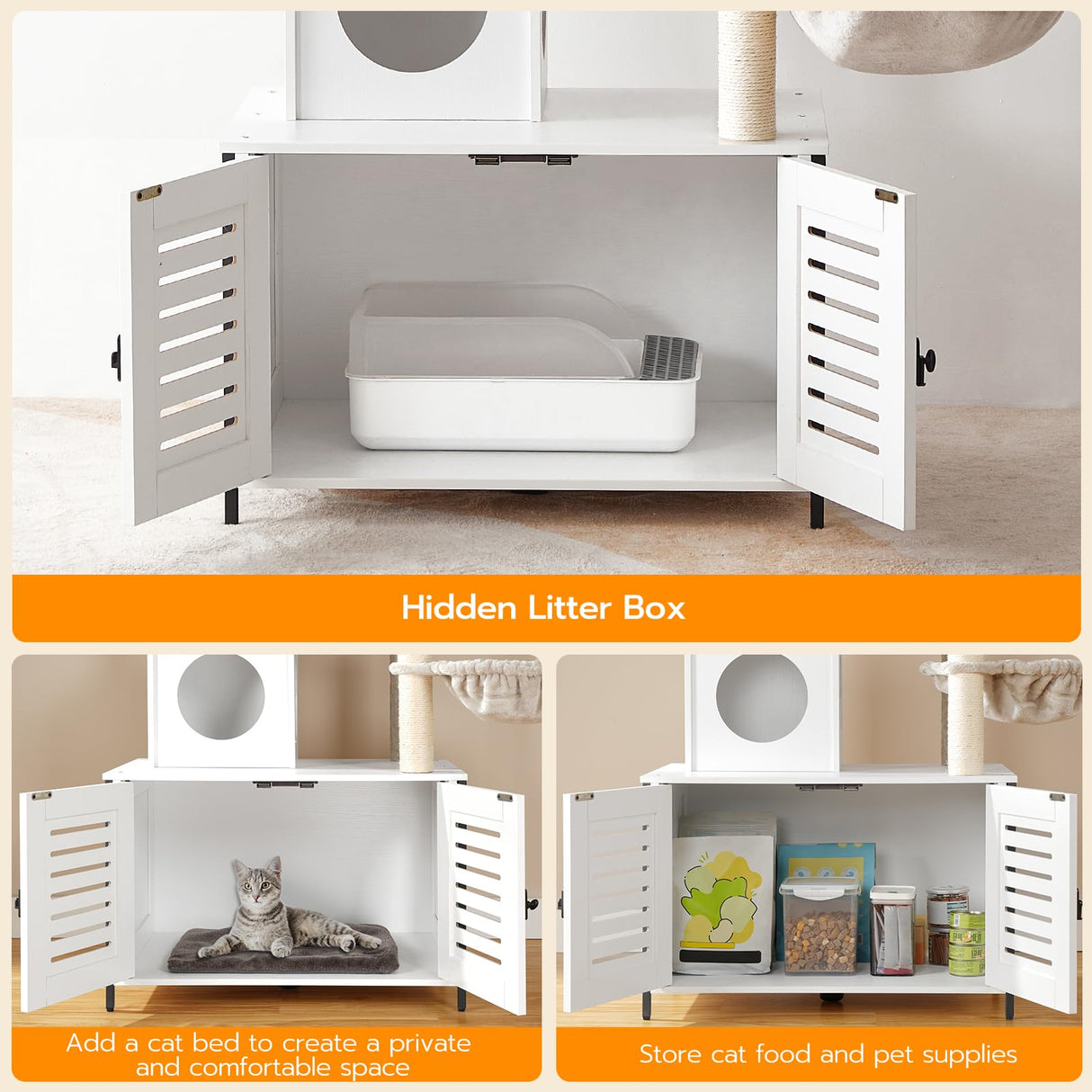 HOOBRO Cat Tree with Scratching Posts, Cat Tower Litter Box Enclosure Furniture for Indoor Cats, All-in-One Wooden Cat House Condo with Cat Hammock, Detachable Teaser Sticks, White BW14MZ03 HOOBRO