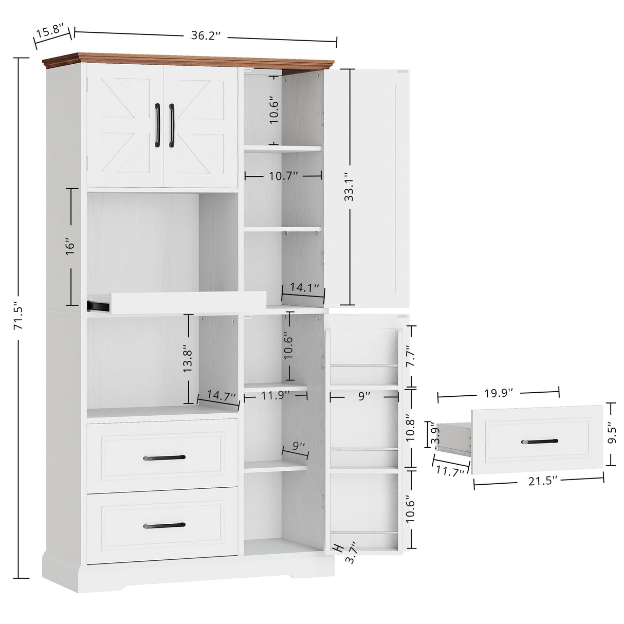 IRONCK Farmhouse Kitchen Pantry Cabinet, Kitchen Hutch Cabinet with Microwave Stand, Tall Food Pantry Cabinet with Storage Drawers and Adjustable Shelf for Kitchen, Dining Room, White IRONCK