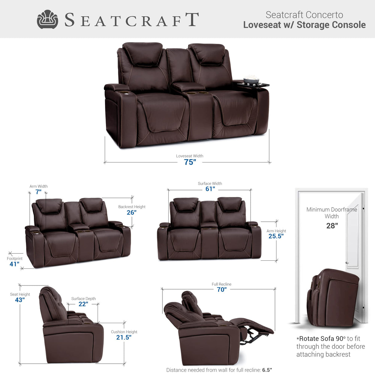 Seatcraft Concerto Heat & Massage, Italian Leather Loveseat w/Storage Console, Power Headrest, Power Recline, Brown Seatcraft