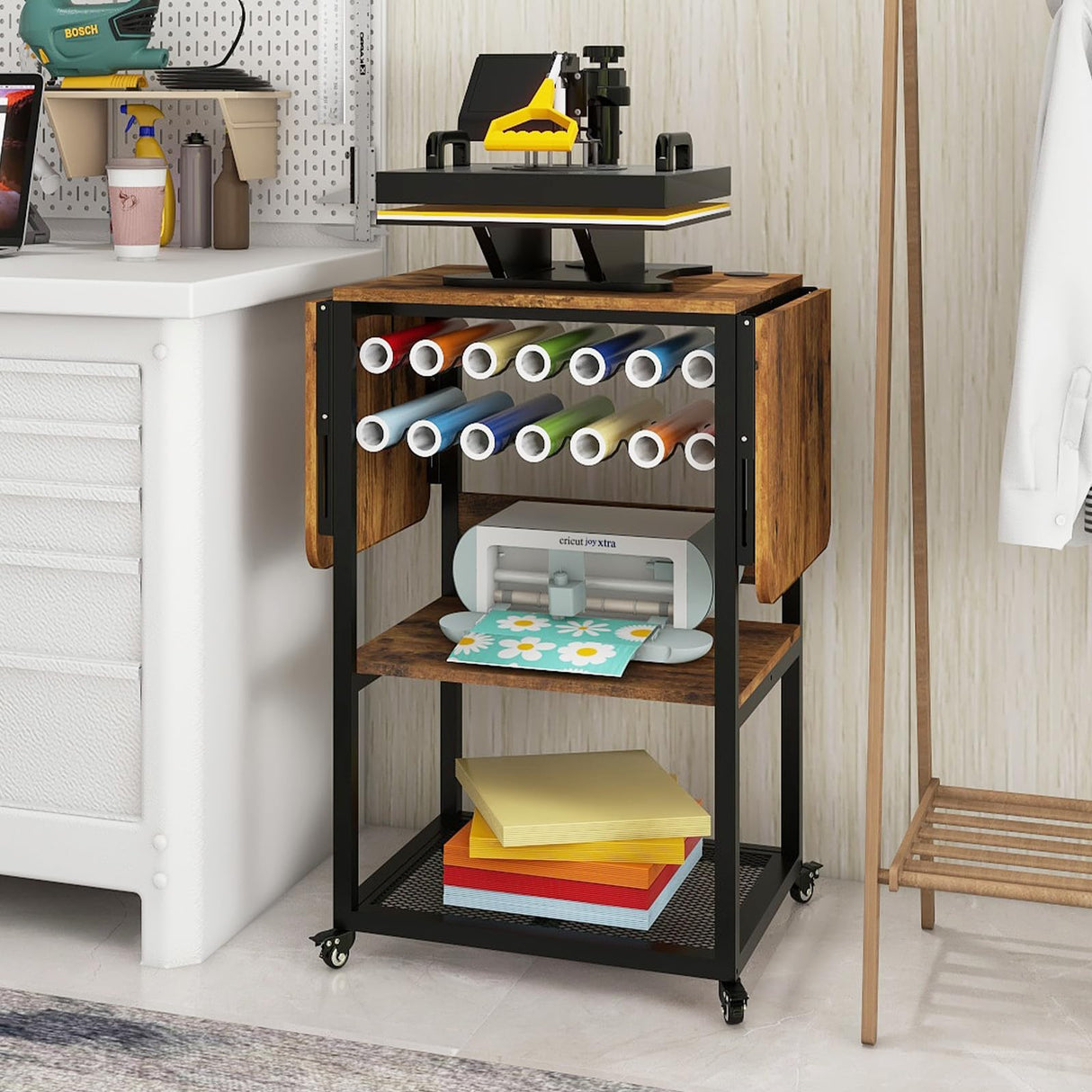 PUNCIA 3 Tier Movable Heat Press Table with Vinyl Roll Holder, Heat Transfer Stand with Folding Shelf,Heavy Duty Rolling Workbench for DIY Sublimation Transfer Machine,Heat Press Cart,Craft Table PUNCIA