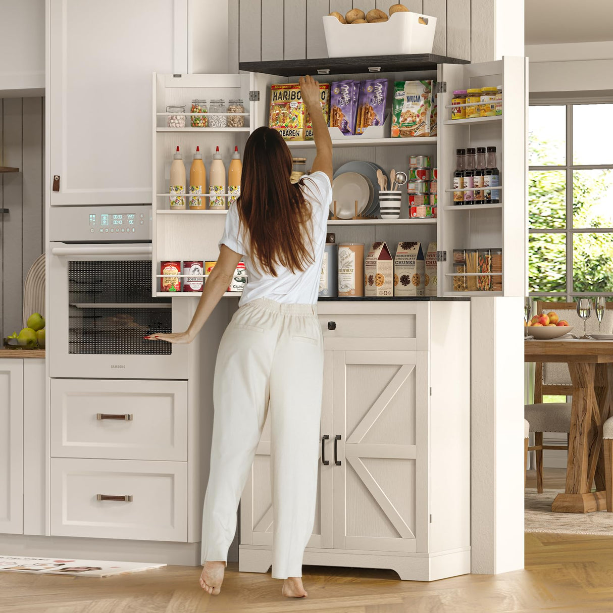 72" Farmhouse Kitchen Pantry Cabinet with Adjustable Shelves and Drawer, Rustic Storage Organizer with Countertop and Door Shelving, Tall Wooden Cupboard for Kitchen, Dining Room, Off White PLYFOU