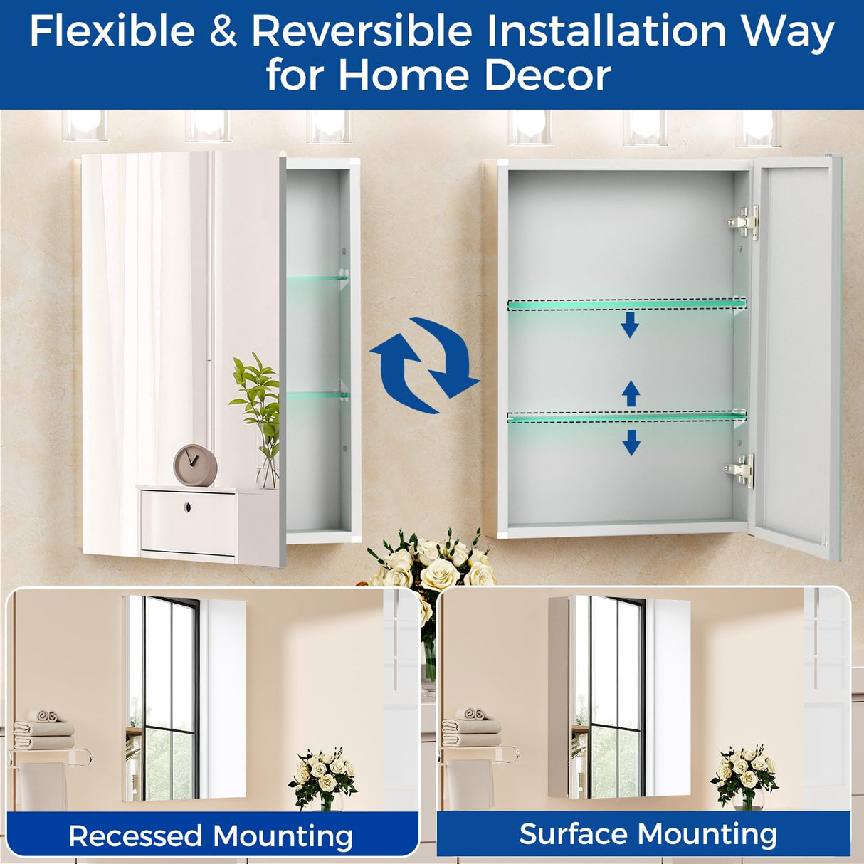 BROBIG Bathroom Medicine Cabinet with Mirror, 20x26 Recessed or Wall Mirror Medicine Cabinet with Storage Adjustable Glass Shelves, Beveled Edge Mirrored Door with Aluminum Cabinet Hinges BROBIG