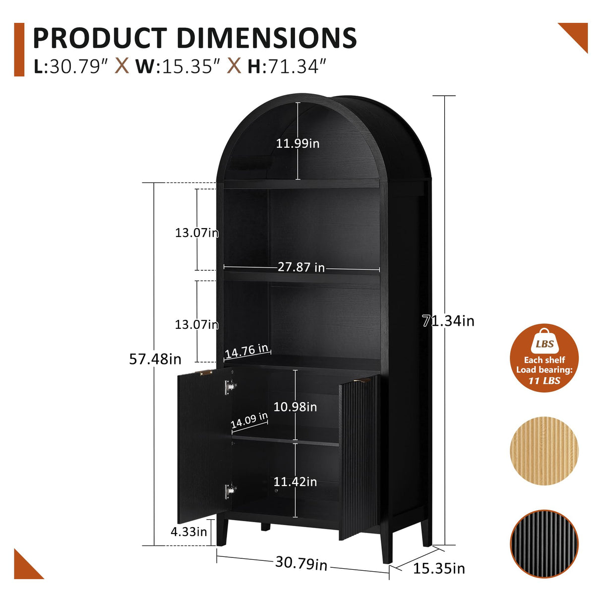 LYNCOHOME 71 Inch Fluted Arched Cabinet with Doors, Tall Storage Cabinet, Oak Wood Finish, Adjustable Shelves, Arched Bookcase for Dining Room,Kitchen(Black) LYNCOHOME