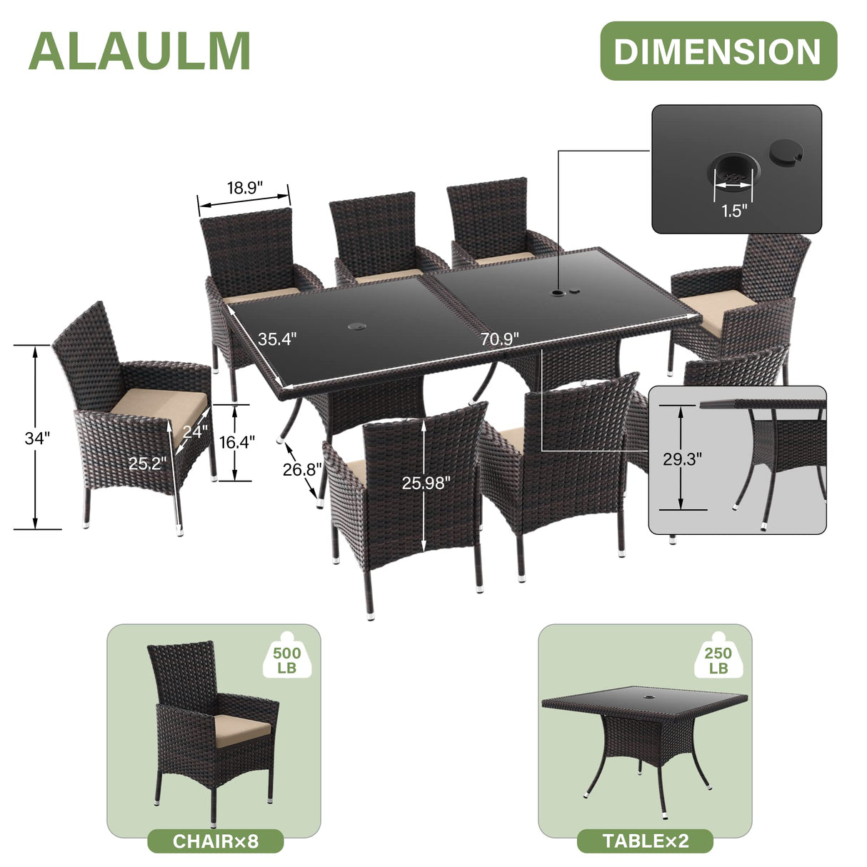 ALAULM 10 Piece Patio Dining Set All-Weather Wicker Outdoor Patio Furniture Set w/Tempered Glass Tabletop, Removable Cushions and Umbrella Hole for Patio, Backyard, Garden, Poolside (Brown) ALAULM