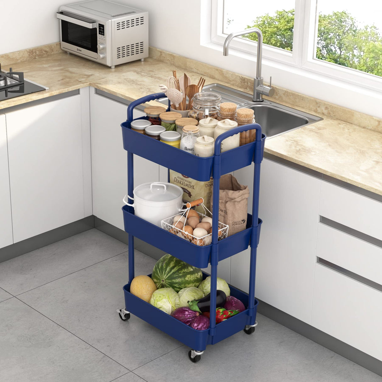 Sywhitta 3-Tier Plastic Rolling Utility Cart with Handle, Multi-Functional Storage Trolley for Office, Living Room, Kitchen, Movable Storage Organizer with Wheels, Blue Sywhitta