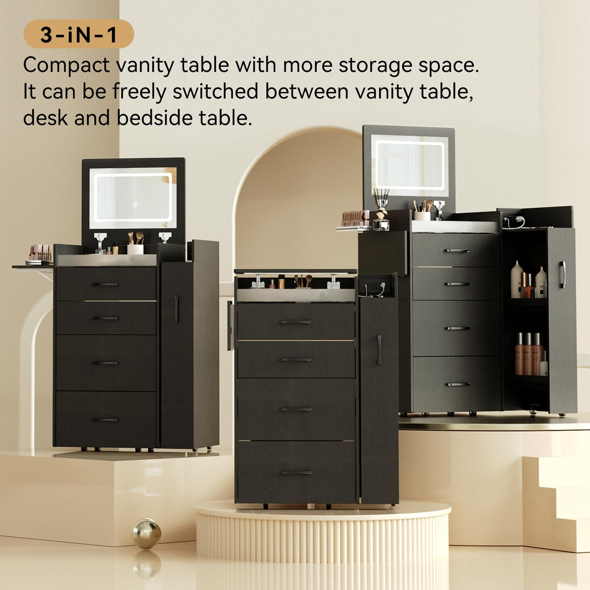 Herture 3 in 1 Vanity Desk with Flip Top Mirror, LED Lights, Side Cabinet,Collapsible Desk Panel, Hidden Stool with Storage, Small Makeup Vanity Table with Power Outlets, Compact Vanity, Black PT01DTB Herture