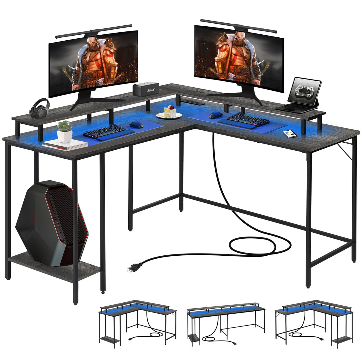 Panana 53.5" L Shaped Computer Desk Gaming Desk with LED Lights and Power Outlets, Reversible L Shaped Corner Desk with Monitor Stand, Home Office Desk with Shelf and USB Port (Grey) Panana
