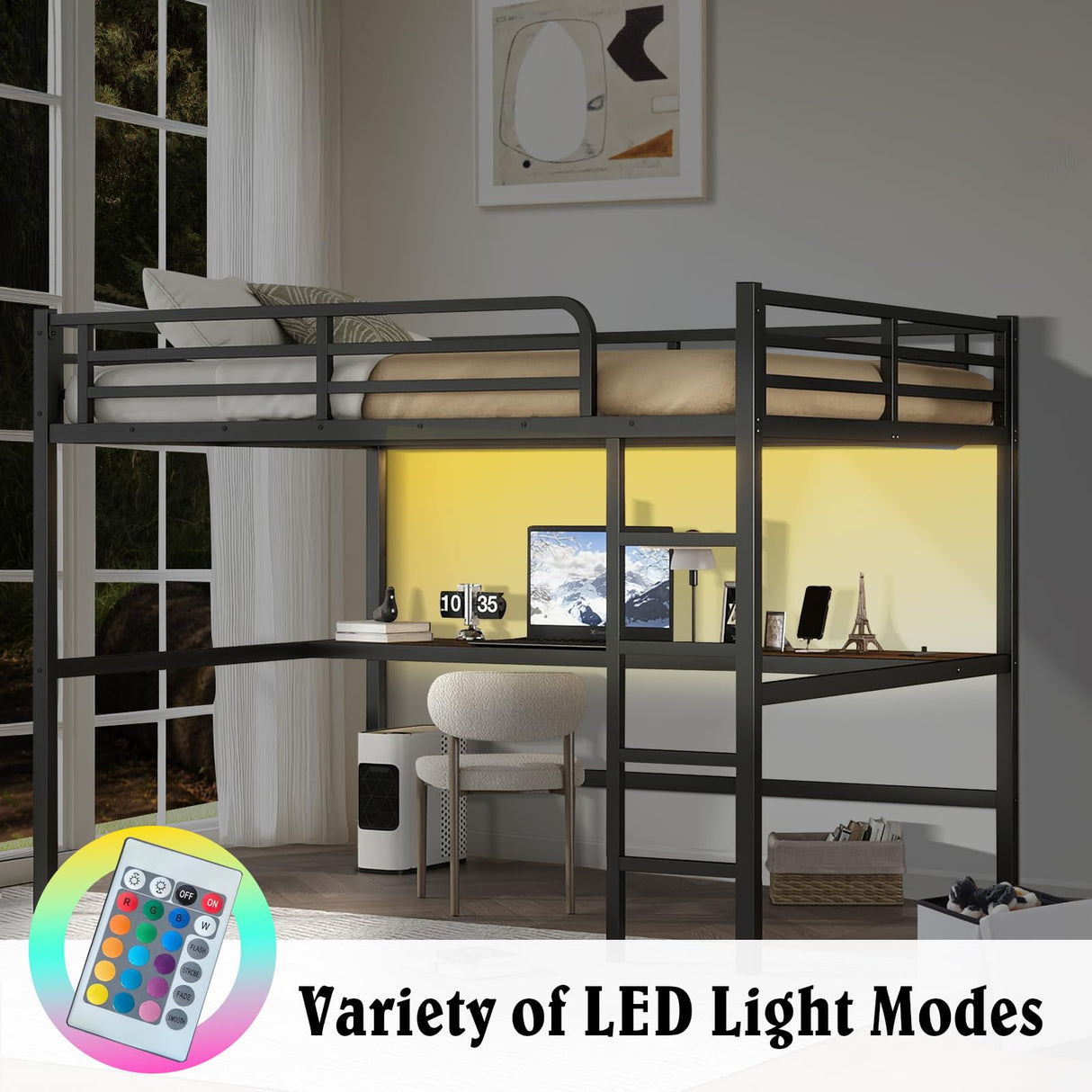 MAKIAAP Loft Bed with Desk & Ladder, Metal High LoftBed Frame with LED Lights & Charging Station, Sturdy Noise-Free Loft Bed for Kids, Teens & Adults, Space-Saving Design (Black, Queen) MAKIAAP