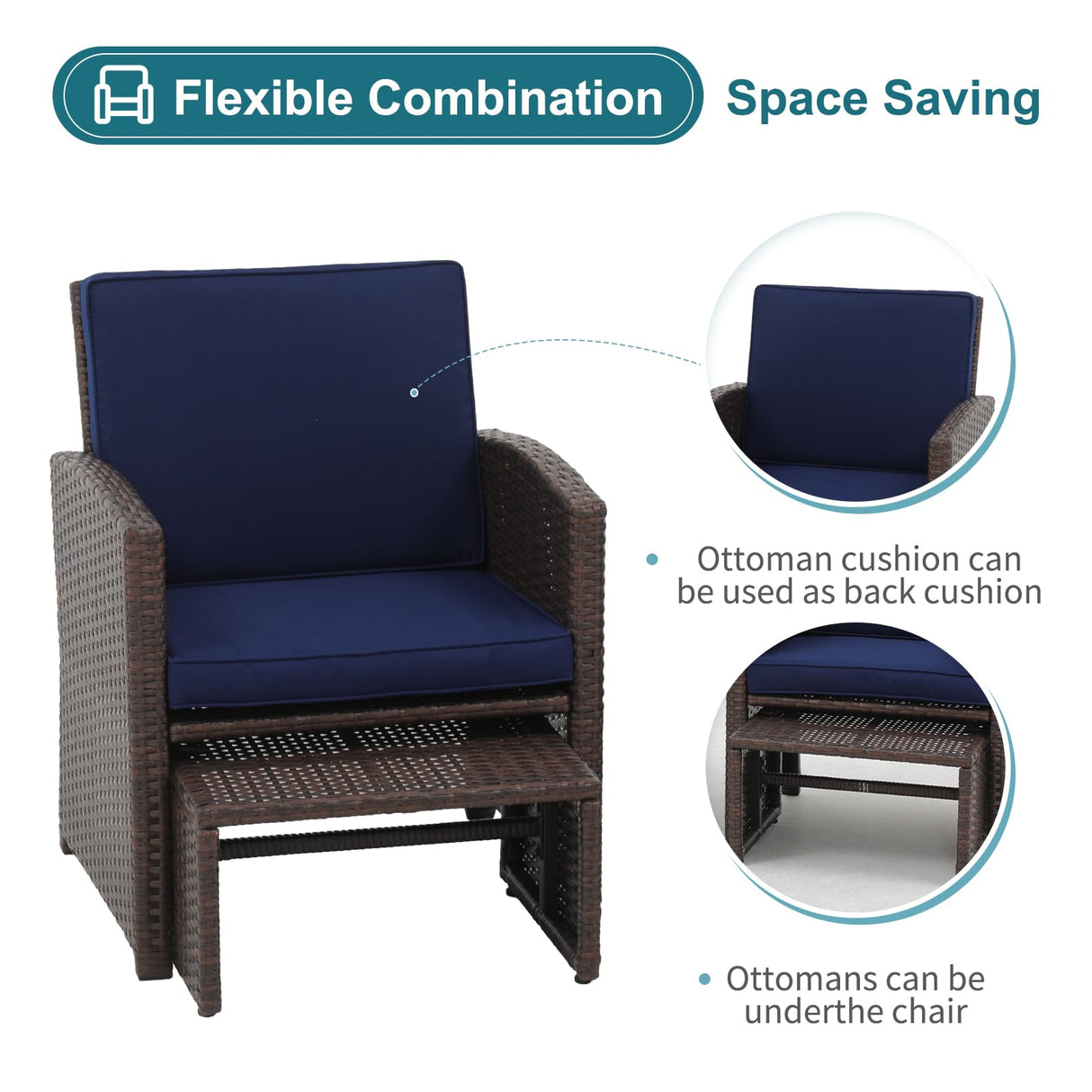 OC Orange-Casual 6 Piece Patio Wicker Furniture Set, Balcony All Weather Rattan Chair, with Space Saving Ottoman, Resin Nesting Coffee Table, Modern Design, Blue OC Orange-Casual