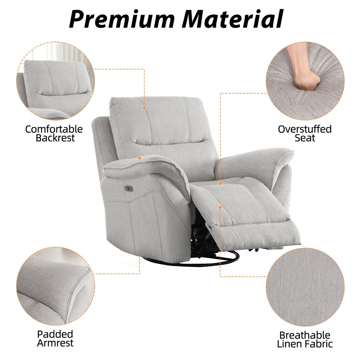 INZOY Glider Recliner Nursery Chair, Power Recliner Swivel Glider, Fabric Electric Swivel Recliner Rocker with Overstuffed Backrest, Power Recliner Chair Reclining Sofa for Living Room, Light Grey INZOY