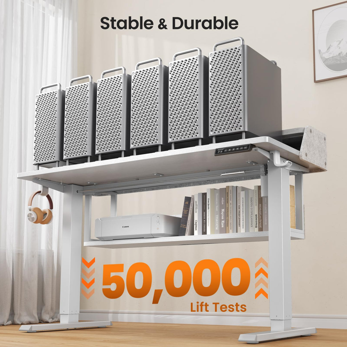 ErGear Standing Desk, 48x24 Inch Electric Standing Desk with Shelves, Height Adjustable Desk with Monitor Stand and Storage, Gaming Sit Stand Up Desk with LED Light for Home Office, White ErGear