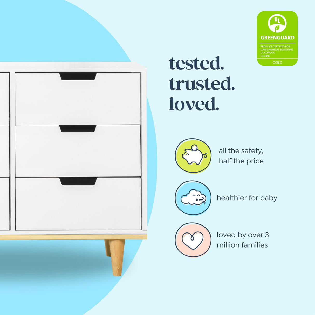 DaVinci Marley 6-Drawer Double Dresser in White Finish and Natural Legs DaVinci