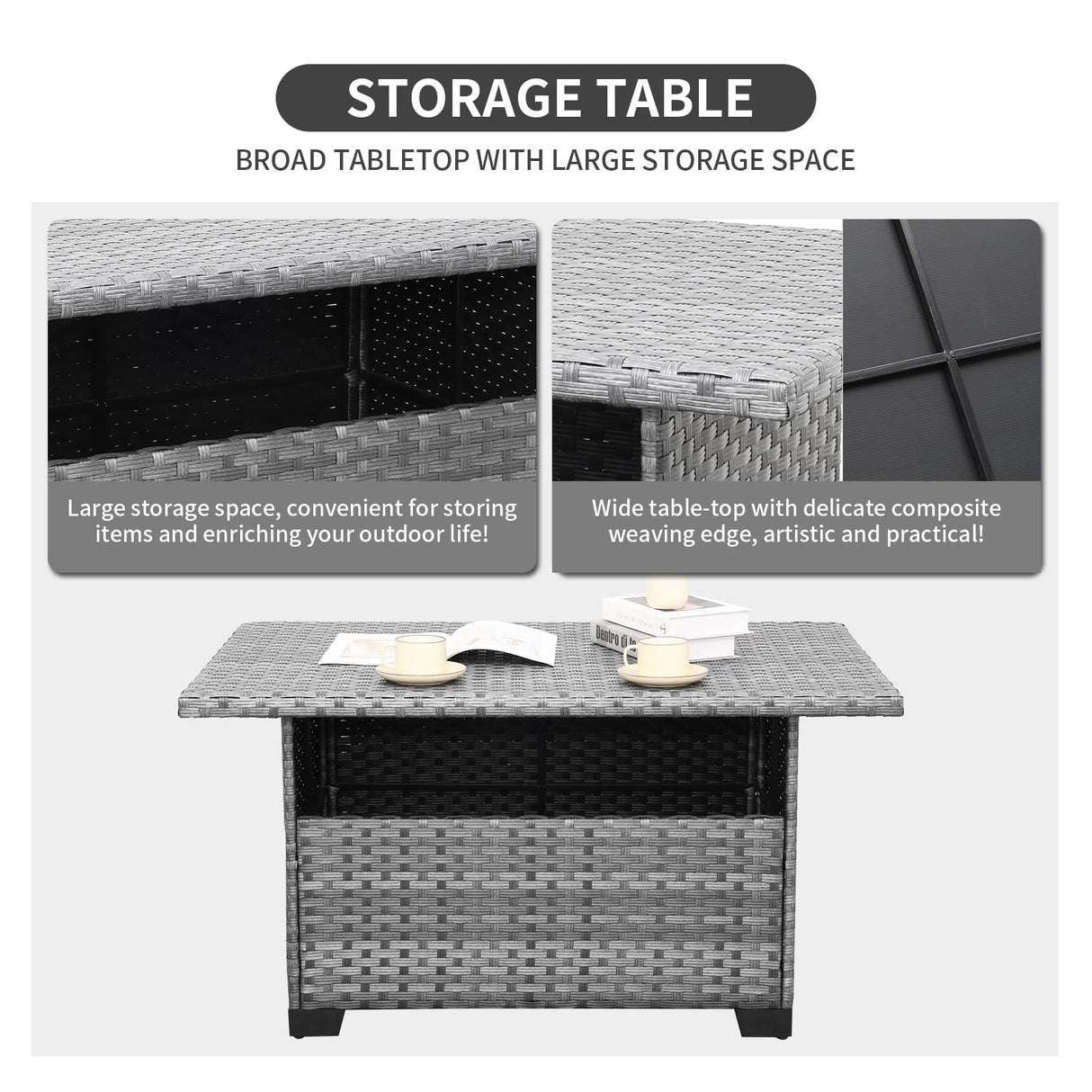 Rattaner 9-Piece Outdoor Sectional Wicker Furniture Set Patio Furniture Conversation Couch Set Large-size Storage Table with Thicken(5") Anti-slip Light Grey Cushions Furniture Cover Rattaner