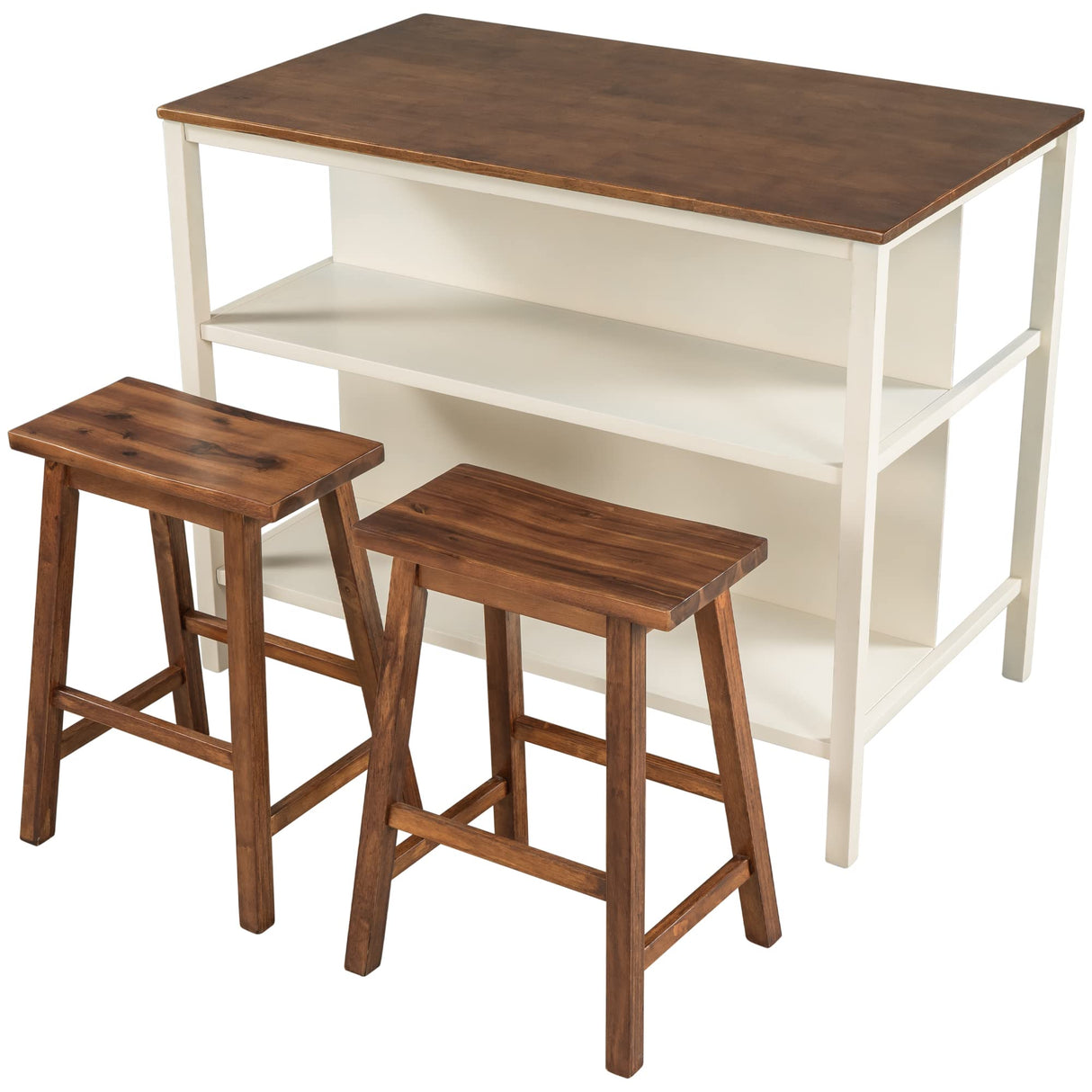 Harper & Bright Designs 3-Piece Kitchen Island Set with 2 Stools and 2 Open Shelves, Rustic Rubber Wood Dining Table Set Prep Table Set with Seatings and Shelves for Small Places, Walnut+Cream White Harper & Bright Designs