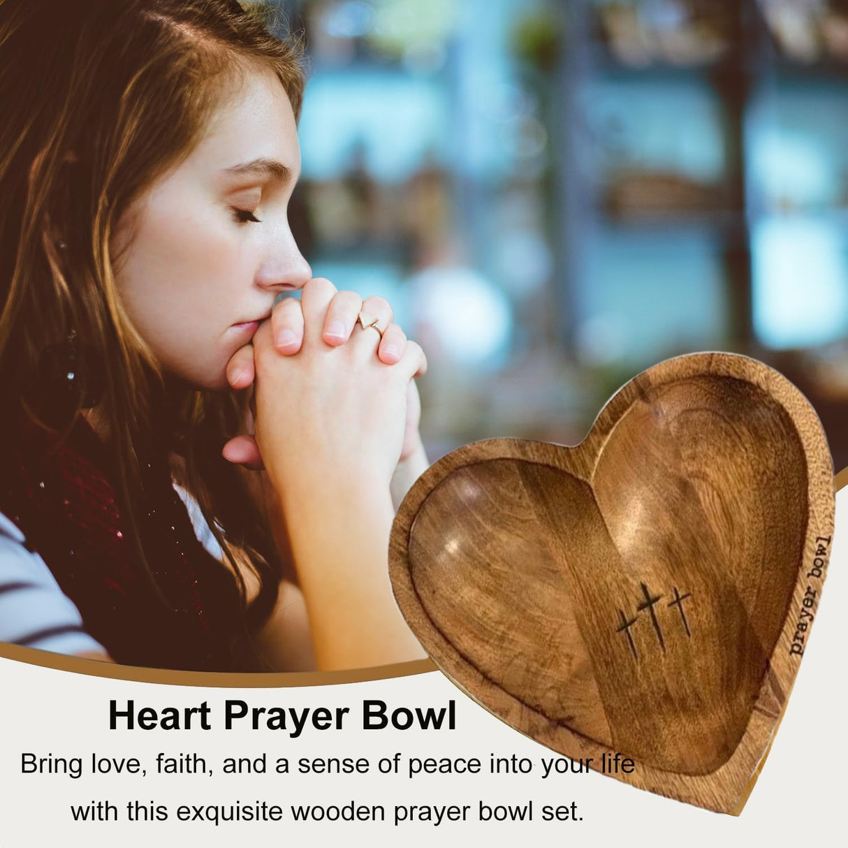 BIXMK Prayer Bowl,Prayer Bowl Wooden with Cards,Wooden Heart Prayer Bowl with Cross,Handcrafted Prayer Bowl for Women with 24 Prayer Cards,Wood Dough Bowl BIXMK