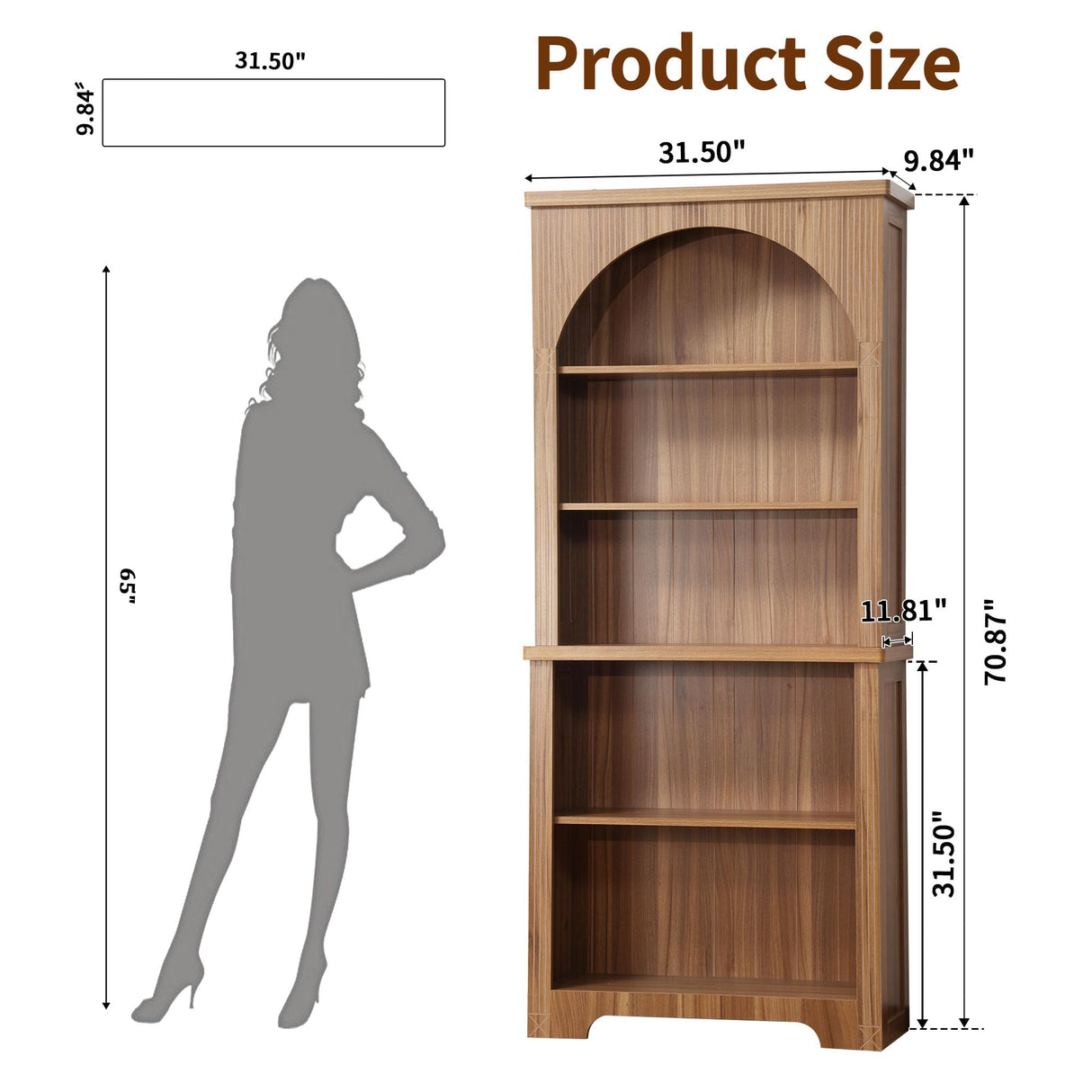 Janmer Home 71'' Tall Arched Bookshelf, Mid Century Modern Curved Bookcase with 5-Tier Storage Shelves, Freestanding Open Display Shelf for Home Office, Living Room (Walnut, 2PC) Janmer Home