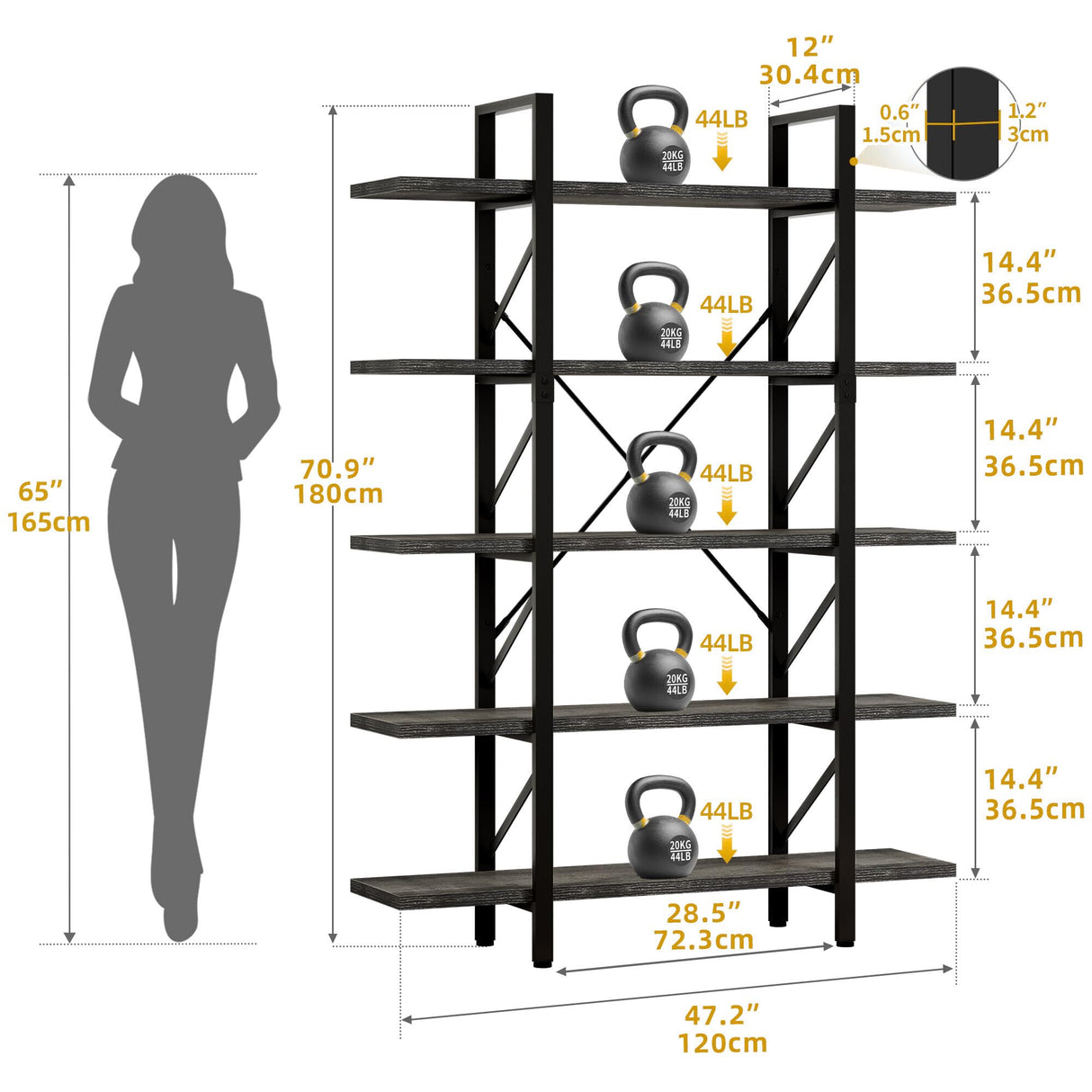 DWVO 5-Tier Bookshelf, 70.9" Tall Bookshelves Vintage BookCases with 5 Shelves Display Storage Shelves for Home Office, Living Room, Charcoal Gray DWVO