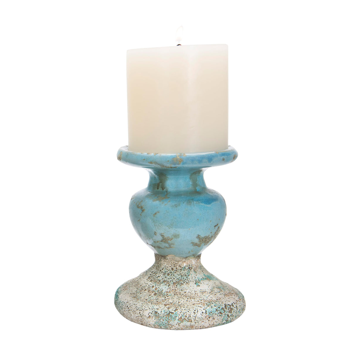 Creative Co-Op Large Distressed Blue Terracotta Pillar Candle Holder Creative Co-Op