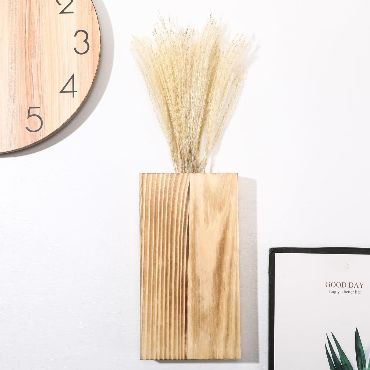 Vesici 2 Pack Wood Wall Planter Vase with Artificial Plants Indoor Plants Holder Pocket Farmhouse Wooden Vases Wall Flower Vase Hanging Plant Decor for Bedroom Kitchen Office Home (Brown,Reed) Vesici