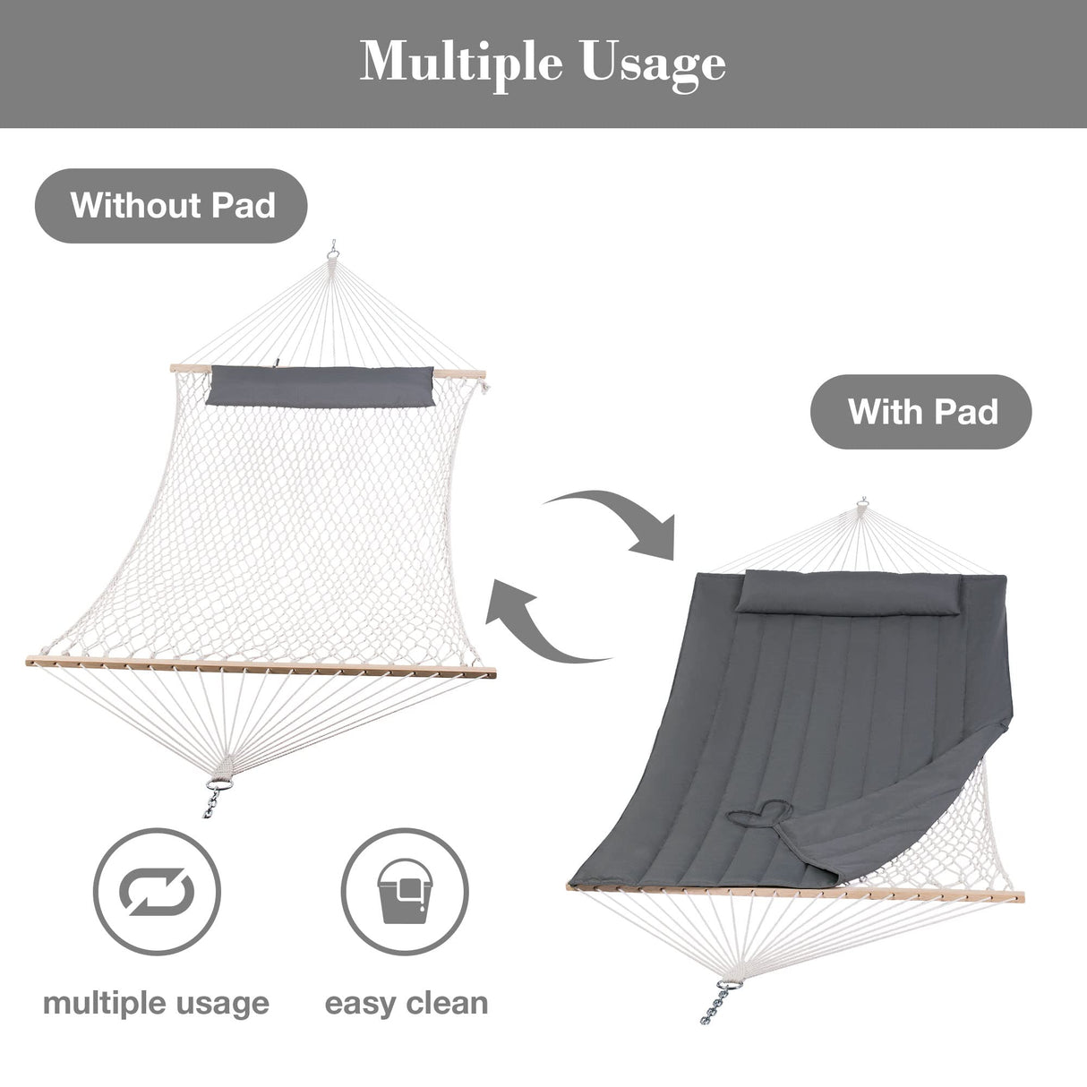 SUNCREAT Hammocks 2 Person Hammock with Hardwood Spreader Bar, Double Rope Hammock with Polyester Pad, Dark Gray SUNCREAT