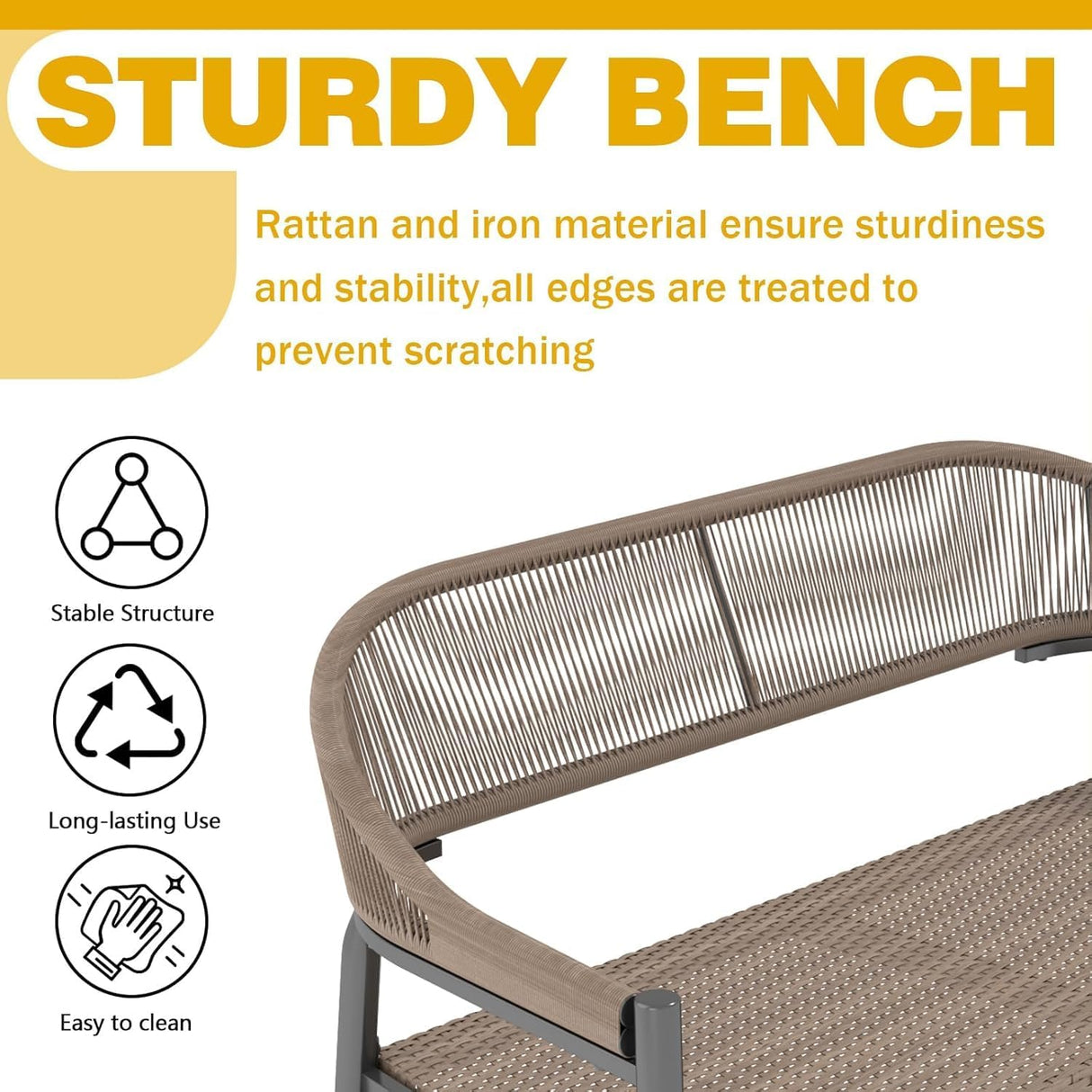 OPENAIRCOMFORT Outdoor Loveseat Bench,46.8 Inches Wicker Frame Patio Bench, All Weather Outdoor Bench with Rattan Backrest Armrests and Metal Legs for Lawn, Front Porch, Park, Yard OPENAIRCOMFORT