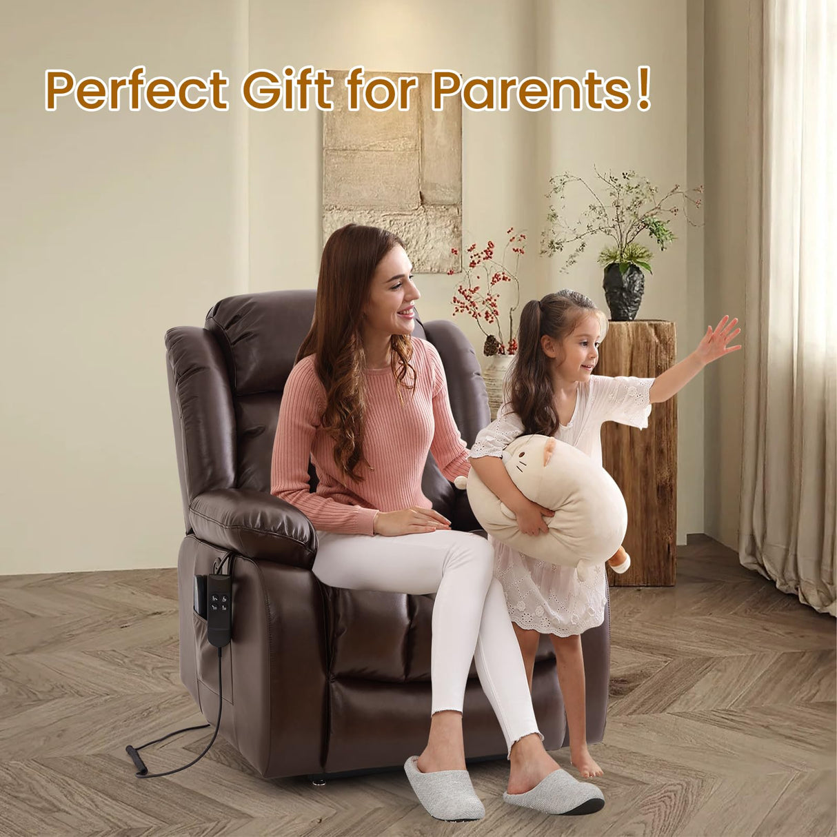 TEKAMON Dual Motor Power Lift Recliner Chair for Elderly, Breathable Leather Recliner with Heat & Massage, Lay Flat Sleeping Chairs with Infinite Position, Remote Control & USB Ports(Brown) TEKAMON