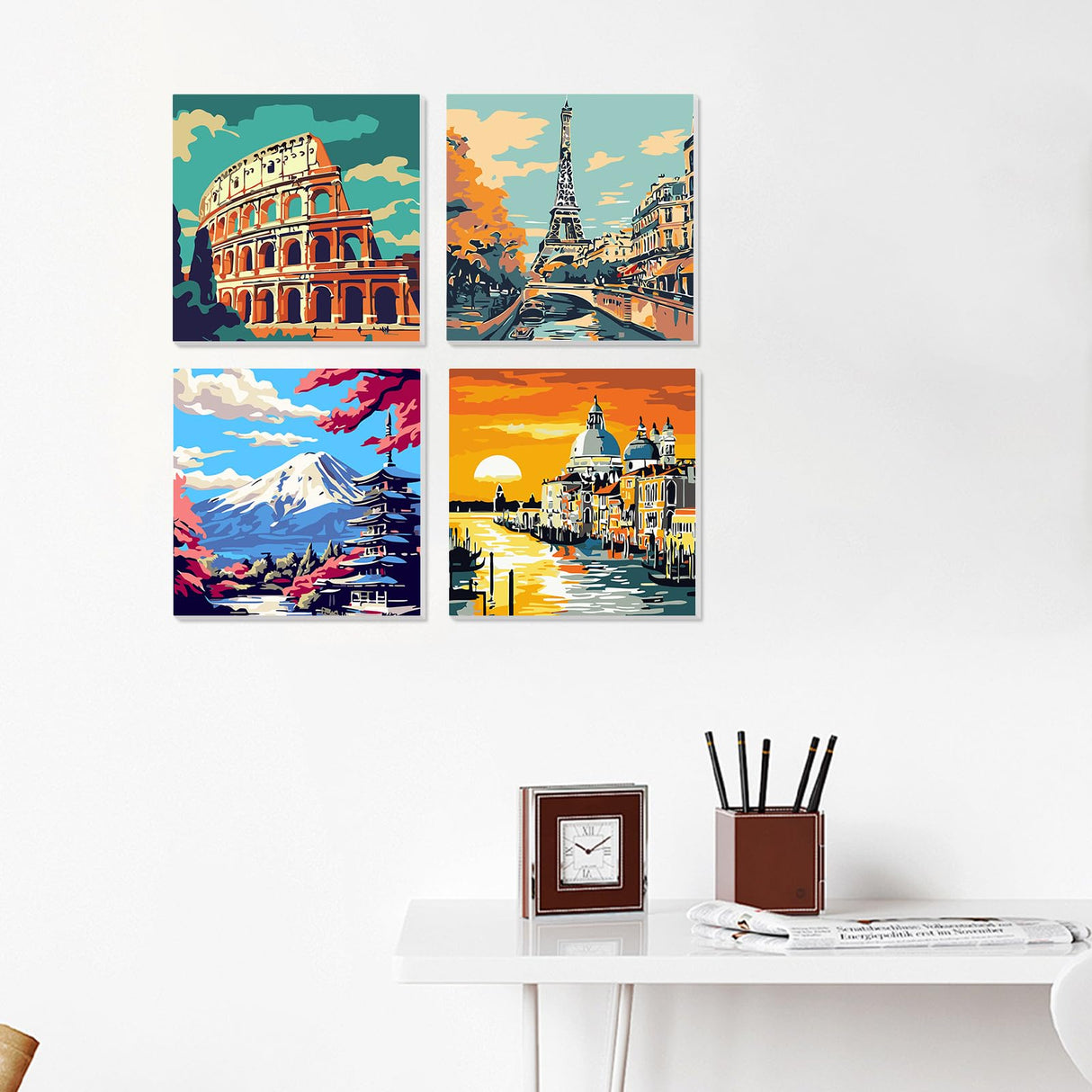 4 Pack Framed Paint by Numbers Kit for Adults – 8x8in Canvas Wall Art Set – Pre-Stretched Wooden Frame, Full Paint Set with Brushes & Velcro – DIY Number Painting for Home Décor, Gifts, Relaxation antor