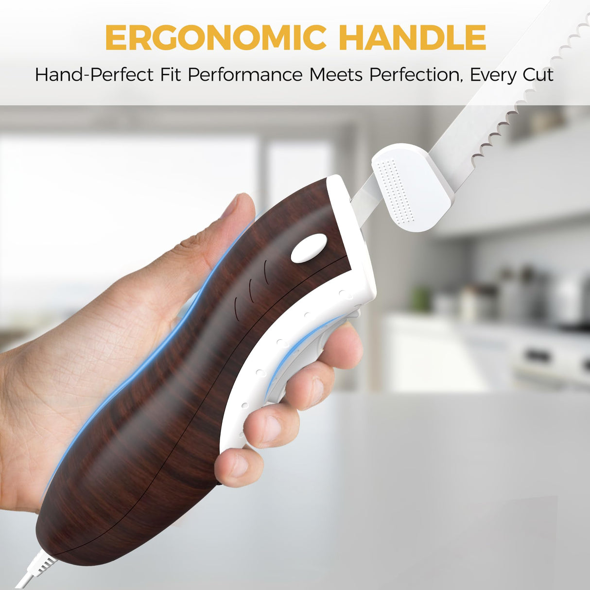 HBN Electric Knife Serrated Edge Blade Knife Set for Carving Meat, Bread, Turkey, Ribs, Fillet and Cheese, Ergonomic Handle + 3 Blades for Raw & Cooked Food (Wood Grain Finish) HBN