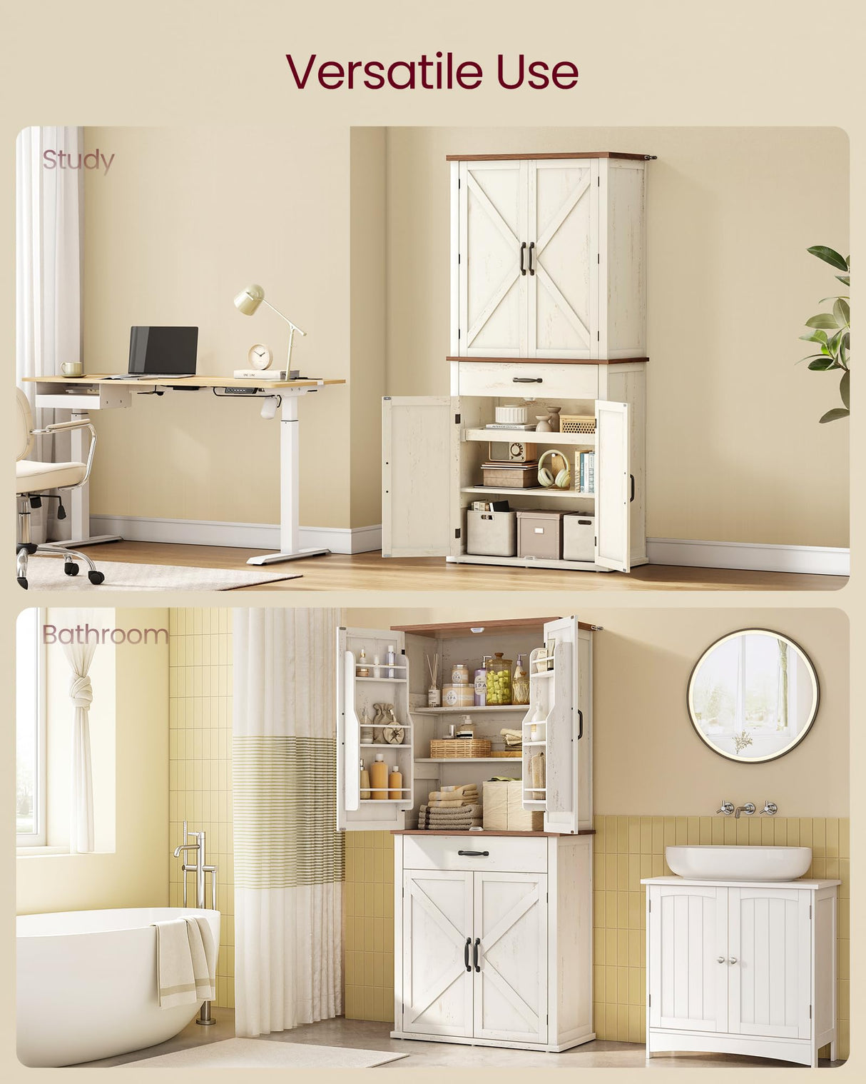 VASAGLE LIRY Collection - Pantry Cabinet, 70.3-Inch Tall Farmhouse Kitchen Storage Cabinet with Barn Doors, Drawer, Tray, Adjustable Shelves, for Kitchen, Dining Room, Rustic White UBBK364W01 VASAGLE