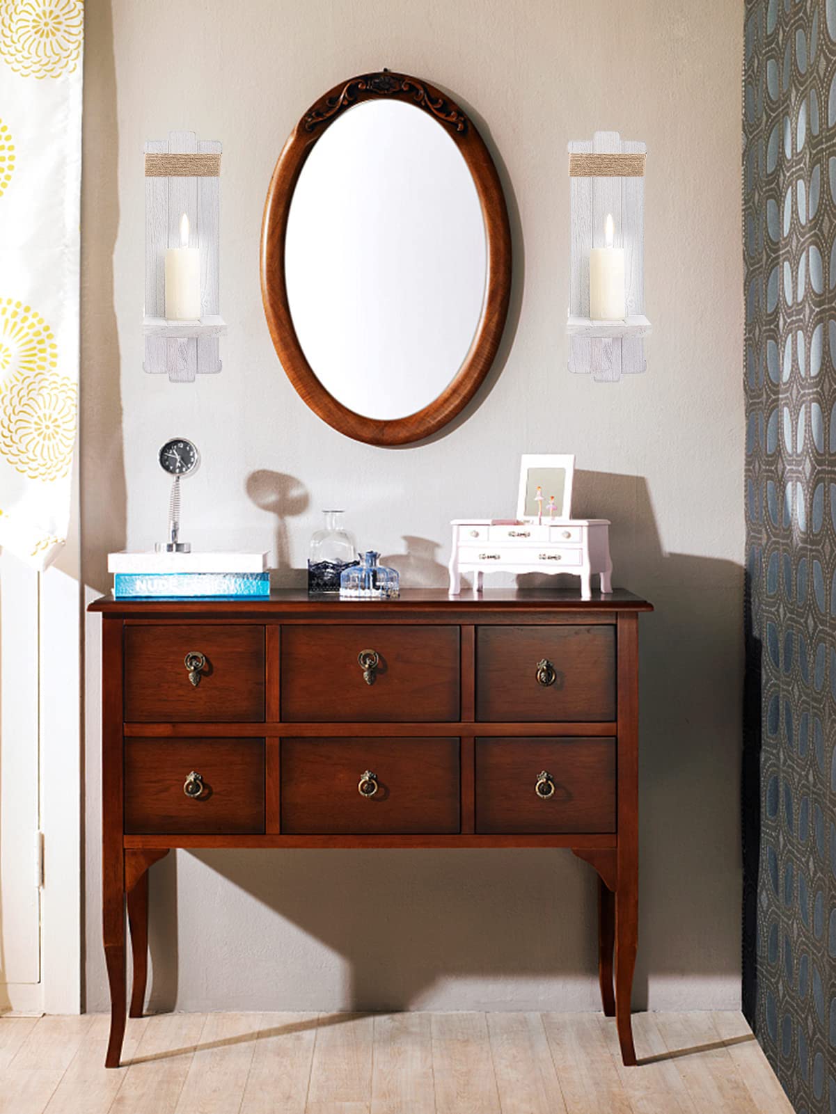 2 PCS Farmhouse Wall Hanging Candle Sconces - Nordic Style Handmade Wooden Wall-Mount Candle Holders Rustic Hanging Wall Sconces for Bedroom Living Room Kitchen Bathroom(Grayish White) Alphatool