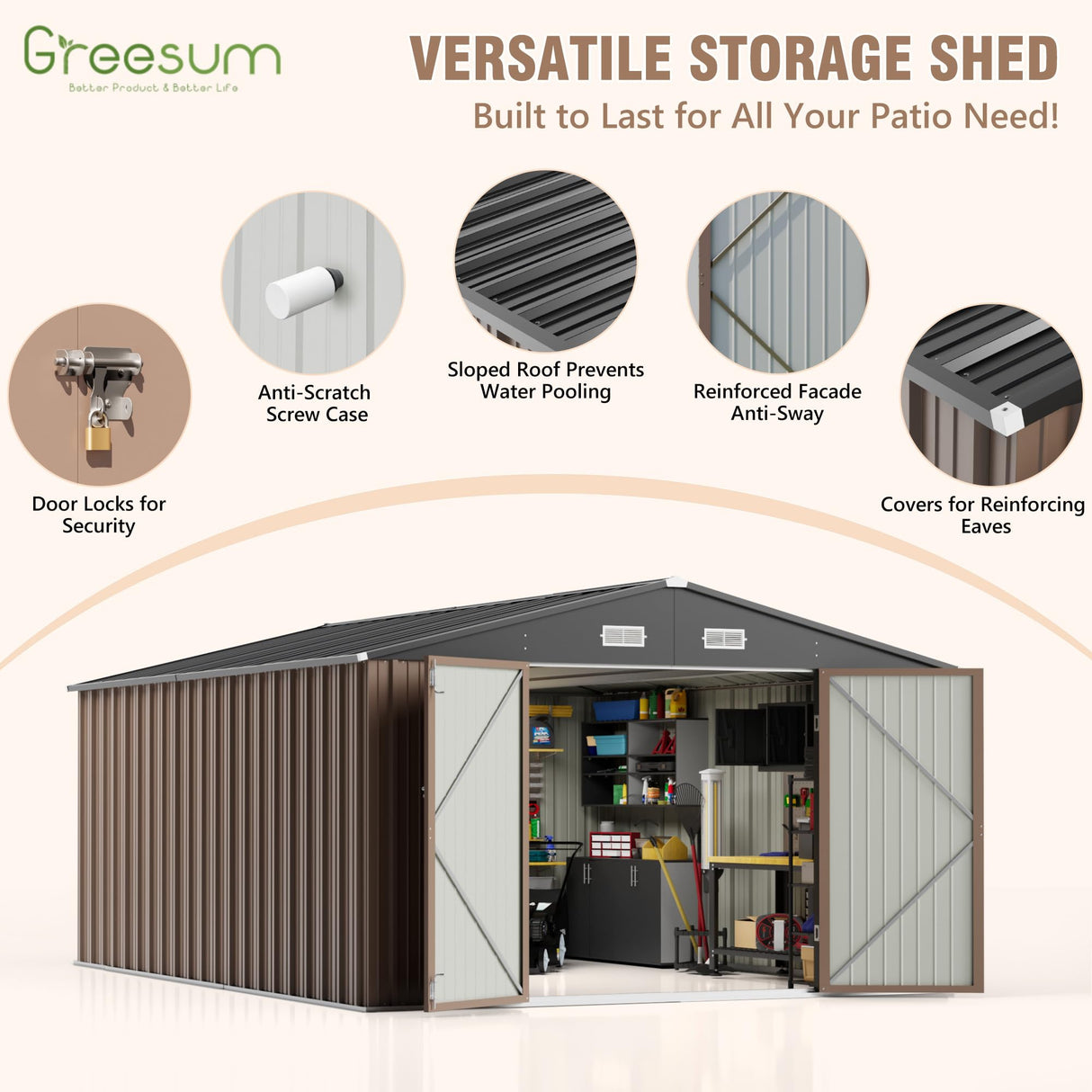 Greesum 10×14 FT Outdoor Storage Shed, Metal Storaged Sheds Without Floor, Tool Sheds with Lockable Doors and Sloping Roof for Garden, Patio, Backyard, Brown Greesum