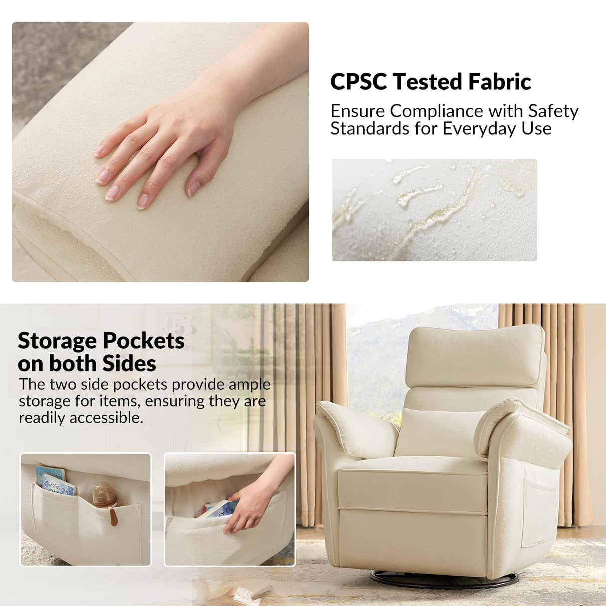 HULALA HOME Nursery Glider Recliner with Adjustable Headrest and Armrests, Power Swivel Rocker Recliner Chair with USB Port and Storage Bags, GREENGARD, FSC, CertiPUR-US® Certified, Beige HULALA HOME