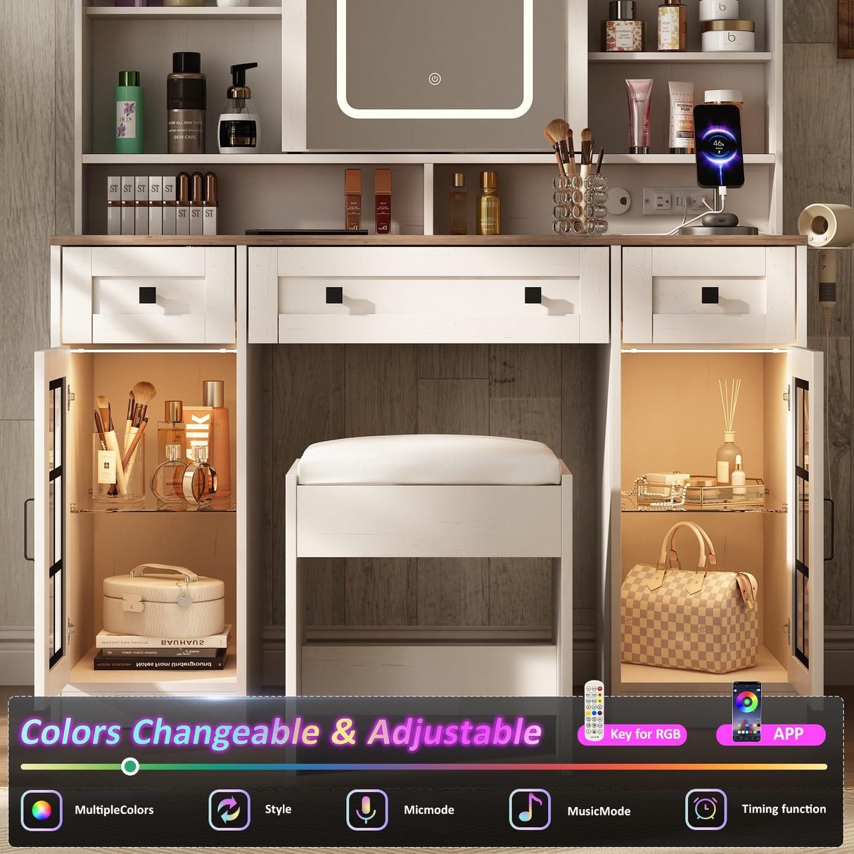 Fameill 45.5'' Farmhouse Makeup Vanity Desk with Sliding Mirror, Vanity Table with 3 Drawers and 2 Cabinets, Charging Station & LED Lights, Storage Shelves, Stool Included, Dressing Table for Bedroom Fameill