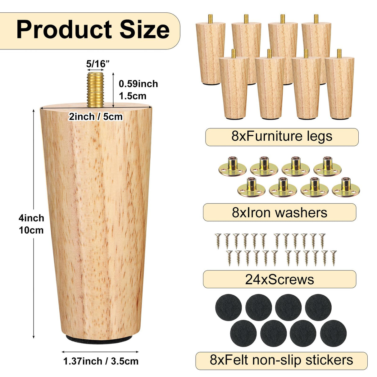 Maitys 4 Inch Round Solid Furniture Legs Furniture Wooden Replacement Chair Feet Dresser Sofa Couch Legs Table Cabinet Footstool DIY Projects for Home(Wood,8 Pcs) Maitys