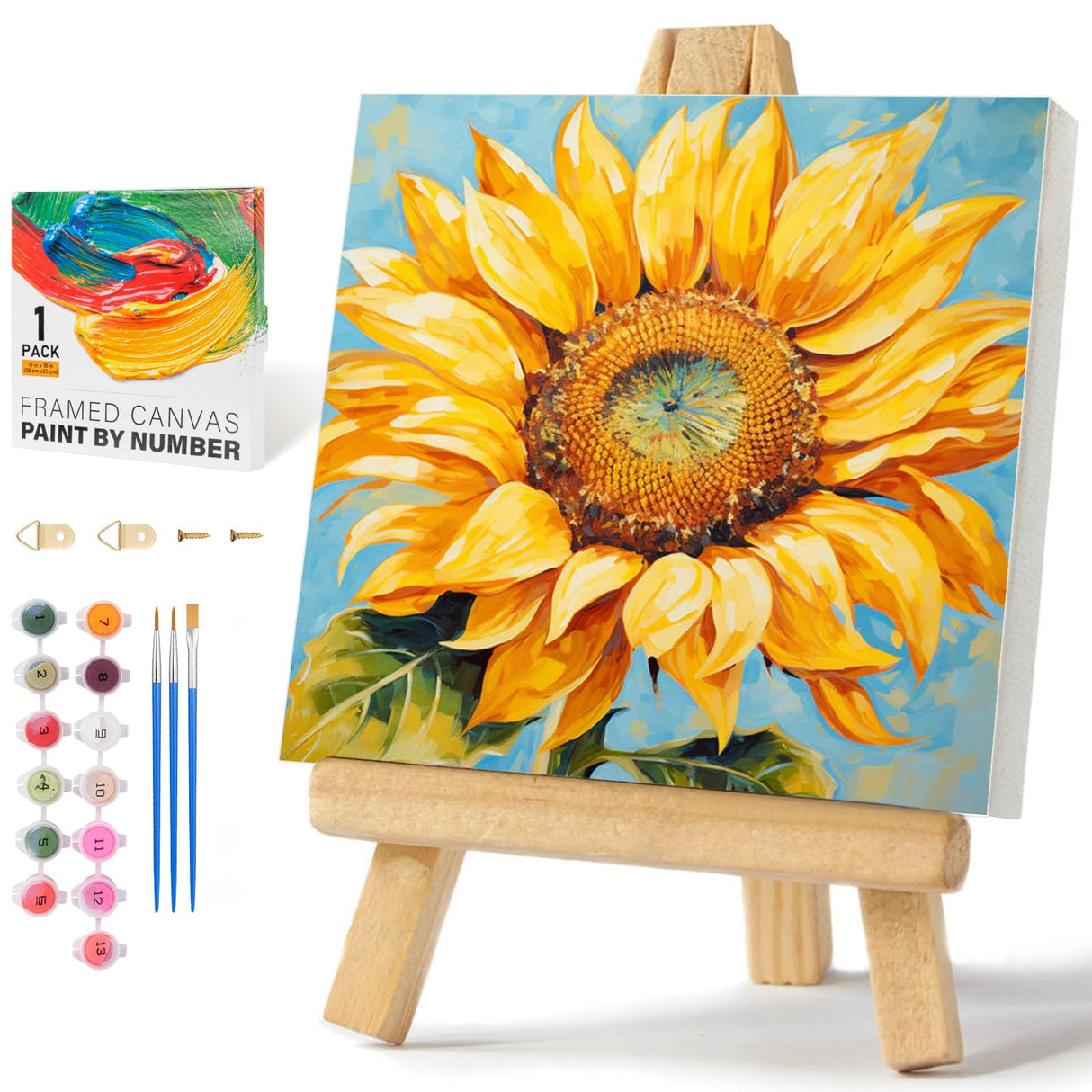 Framed Paint by Numbers Kit for Adults Beginners & Kids Ages 8-12, Sunflower Acrylic Easy Paint by Number with Frame, Watercolor Paint by Number Kits on Canvas Framed (10 * 10 Inch, without Easel) Offito