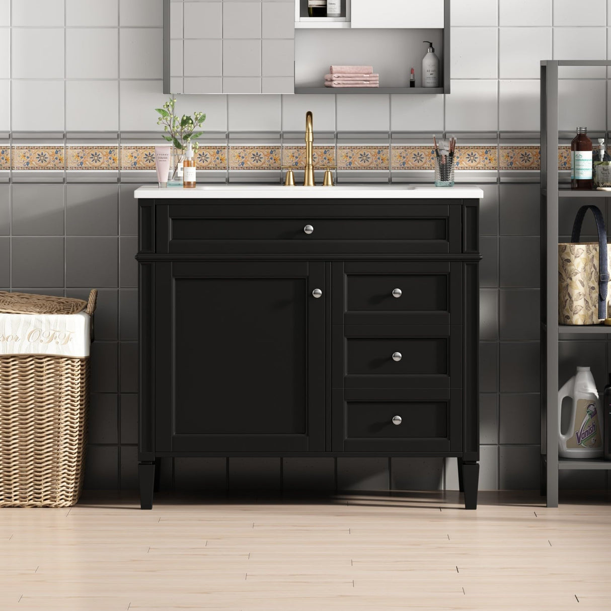 Merax 36'' Bathroom Vanity with Top Single Resin Sink Countertop, Solid Wood Frame Modern Storage Cabinet, Tip-Out Drawer, Soft Closing Doors, Black Merax
