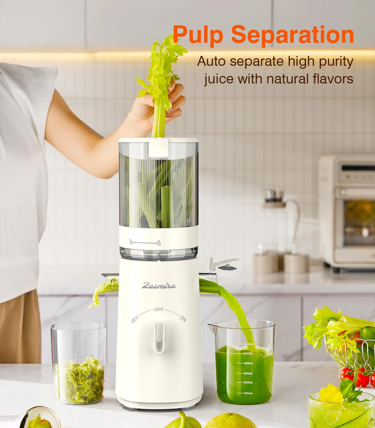 Cold Press Juicer, Updated Masticating Juicer Machines with 5" Feeding Chute Fit Whole Fruits &Vegetables, 99.6% Juice Purity, Streamlined Parts Easier to Clean/1.5L Capacity/2 Cups Included Zasmira