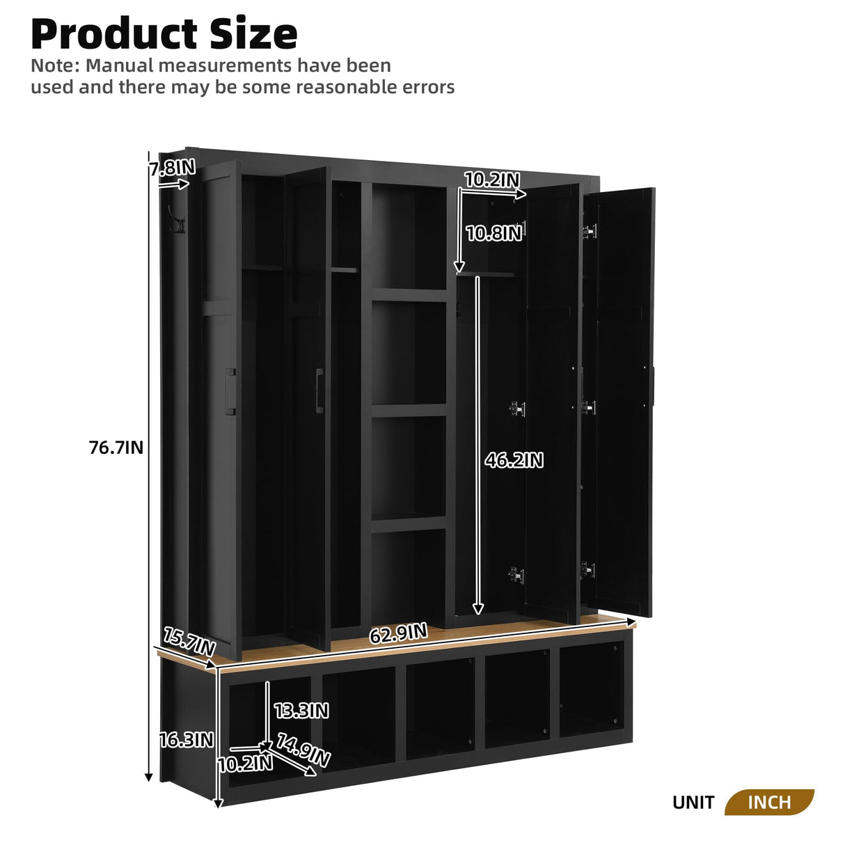 THINK 30 62.9" W Farmhouse 4-in-1 Hall Tree with 6 Hanging Hooks, Mudroom Wood Grain Bench with Open Compartments, Entryway Shoe Cabinet with Seating Bench for Living Room, Hallway, Black (Black) THINK 30