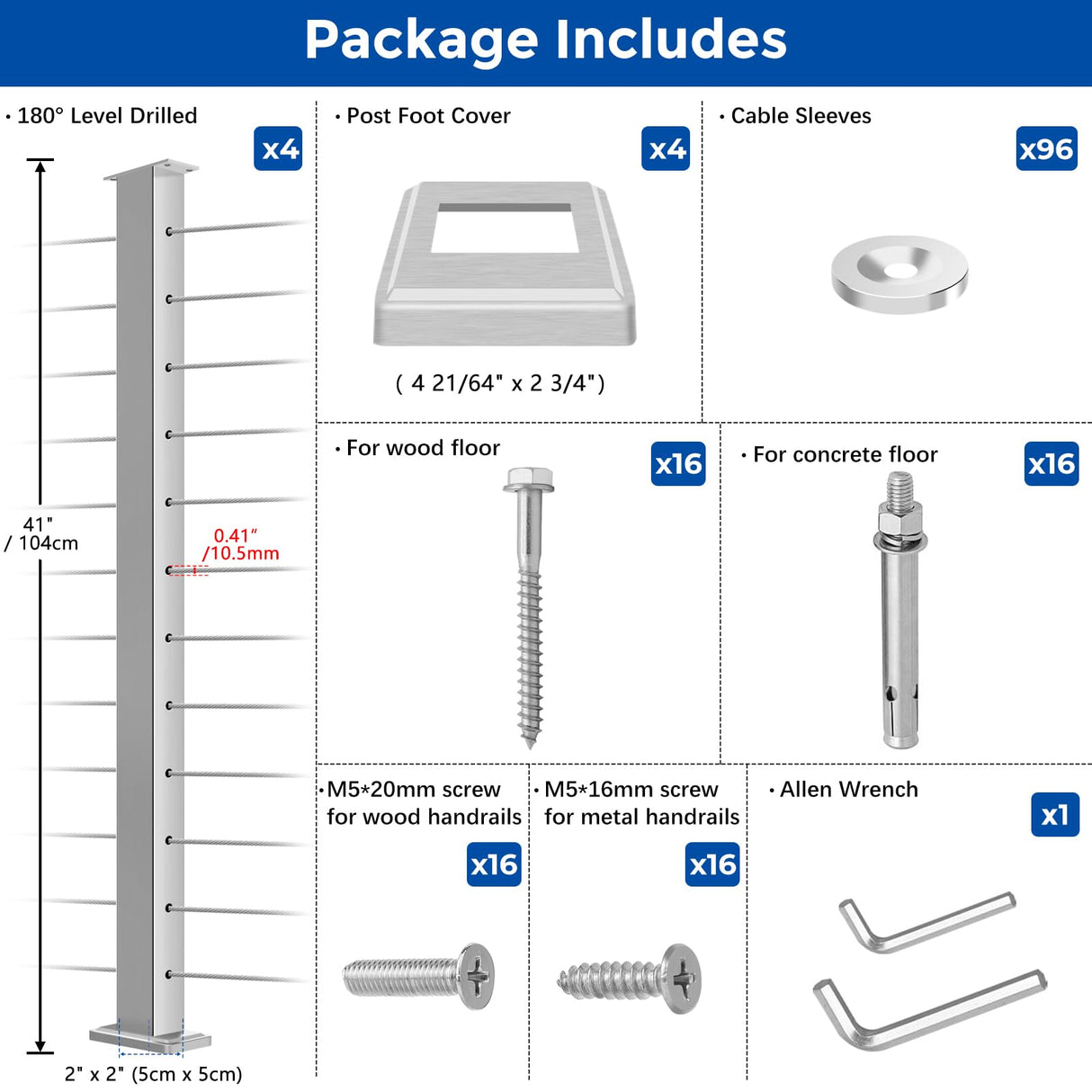 Gyykzz 4 Pack Cable Railing Post 42" (Post 41"x2"x2"), Fixed Top Mount Level Drilled Railing Post with Cable Sleeves, Stainless Steel Level Line Post Handrail Post, Brushed Finish Flat Top Deck Post Gyykzz