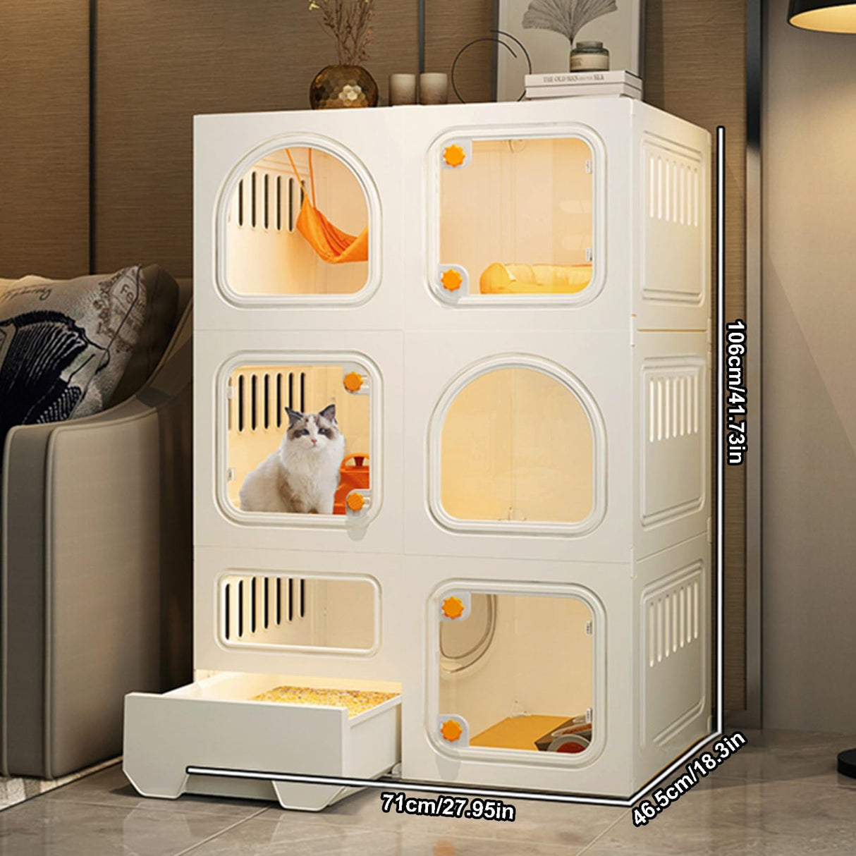 Cat Cages Indoor with Litter Box, Thicken Plastic + Resin Material, 2/3-Tier Large Indoor Enclosure with Transparent Windows and Knob Locks(White,27.9x18.3x41.7in) SASNMEO