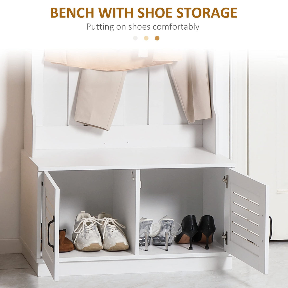 HOMCOM Modern Hall Tree, Entryway Coat Rack with Shoe Bench, 5 Hooks, Storage Shelf and Slatted Door Cabinet for Hallway, White HOMCOM