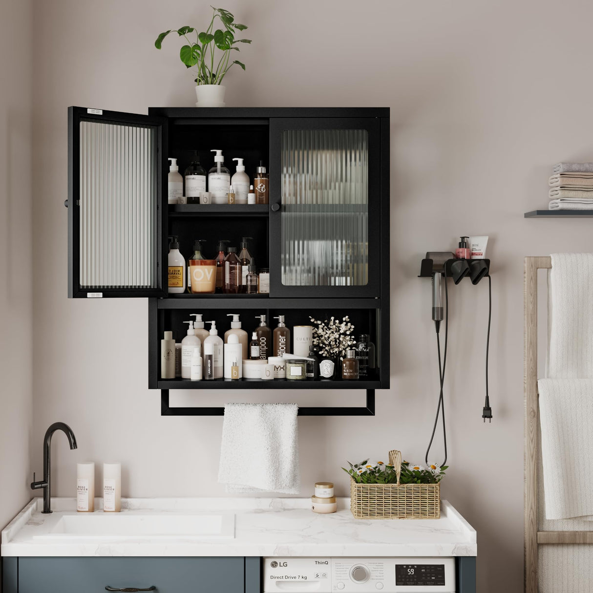 Qiaoxuan Bathroom Wall Cabinet, Over The Toilet Space Saver Storage Cabinet, Medicine Cabinet with 2 Glass Door and Towel Bar, Metal Wall Mounted Cabinet for Bathroom Laundry Room Kitchen Qiaoxuan