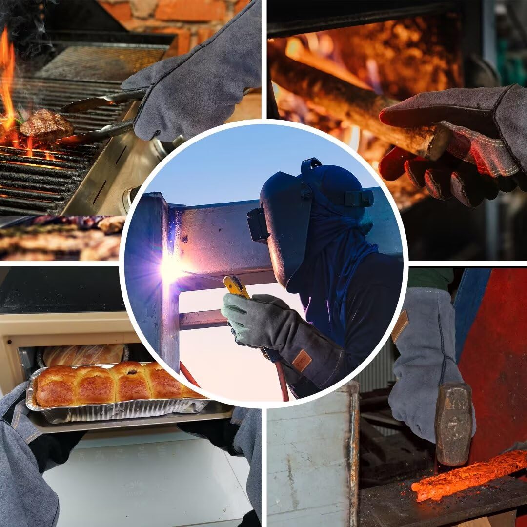 WZQH 16 Inches,932℉,Leather Forge Welding Gloves, Heat/Fire Resistant,Mitts for BBQ,Oven,Grill,Fireplace,Tig,Mig,Baking,Furnace,Stove,Pot Holder,Animal Handling Glove.Black-gray WZQH