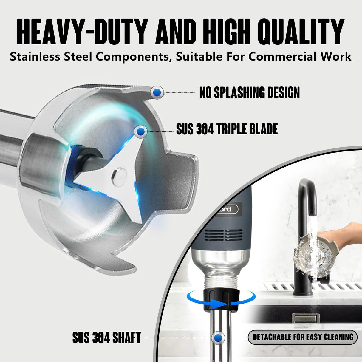 VONCI 500W Commercial Immersion Blender, 16" SUS 304 Removable Shaft, Heavy Duty Power Hand Mixer with Variable Speed 6000-20000RPM, Professional Electric Stick Blender for Restaurant Kitchen Use. VONCI