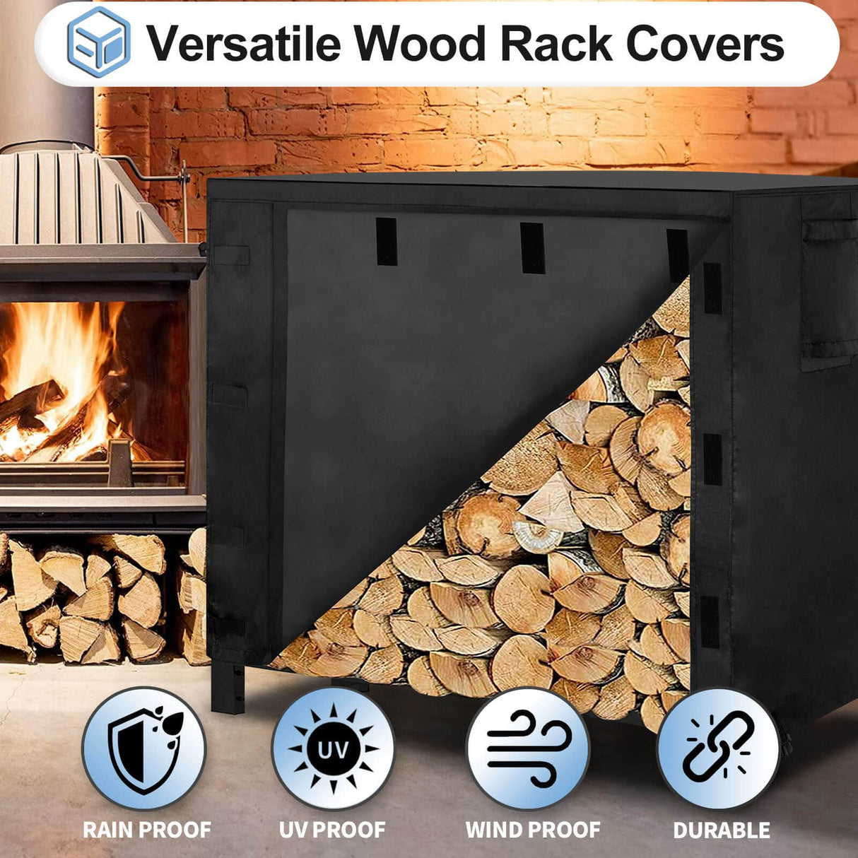OutdoorLines Firewood Rack Cover, Black, 4FT, 420D Oxford Fabric, Waterproof, Windproof, for 48x24x41in Firewood Holder OutdoorLines