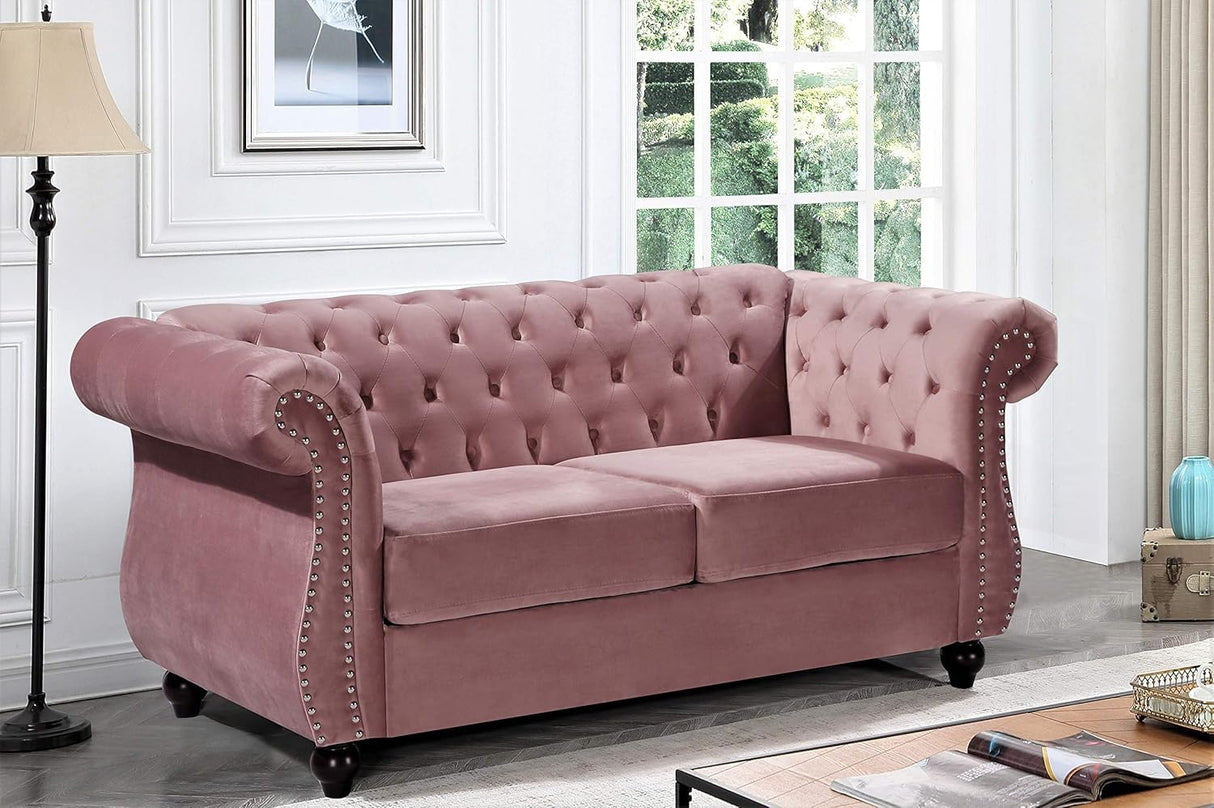 Container Furniture Direct Feinstein Modern Velvet Chesterfield Couches for Living Room with Nailheads, Diamond Tufting & Durable Metal Frame, Loveseat, Rose Container Furniture Direct