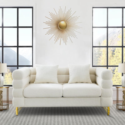 Comfy Loveseat Sofa, 60-inch 2 Seater Boucle Couch with Deep Seat Design, Upholstered Love Seat with 2 Pillows, Modern Living Room Sofa with Stylish Metal Legs for Office, Waiting Room, White Teddy