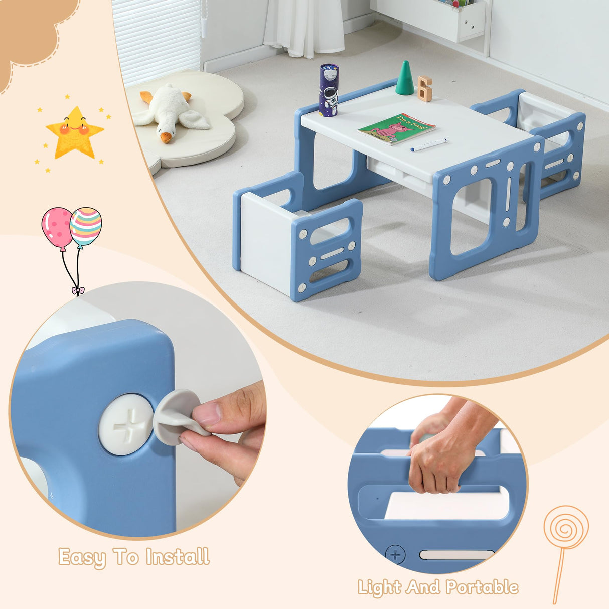 SINKIPA 3 in 1 Montessori Weaning Table and 2 Chairs Set, Kids Table and Chair Set, 2 Height Levels, Toddlers Activity Table for Drawing, Dining, Reading and Playing, Blue SINKIPA